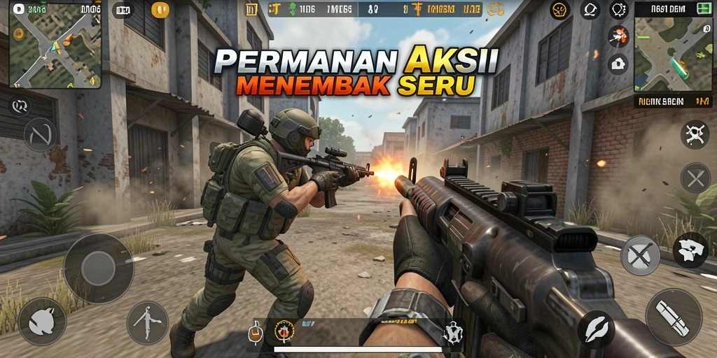Tampilan screenshot gameplay <strong>D06</strong> menampilkan aksi tembak-menembak yang intens.
