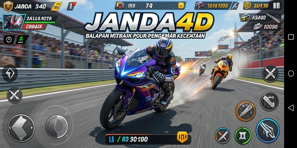 Gameplay JANDA4D menampilkan adegan balapan motor yang seru dan mendebarkan.