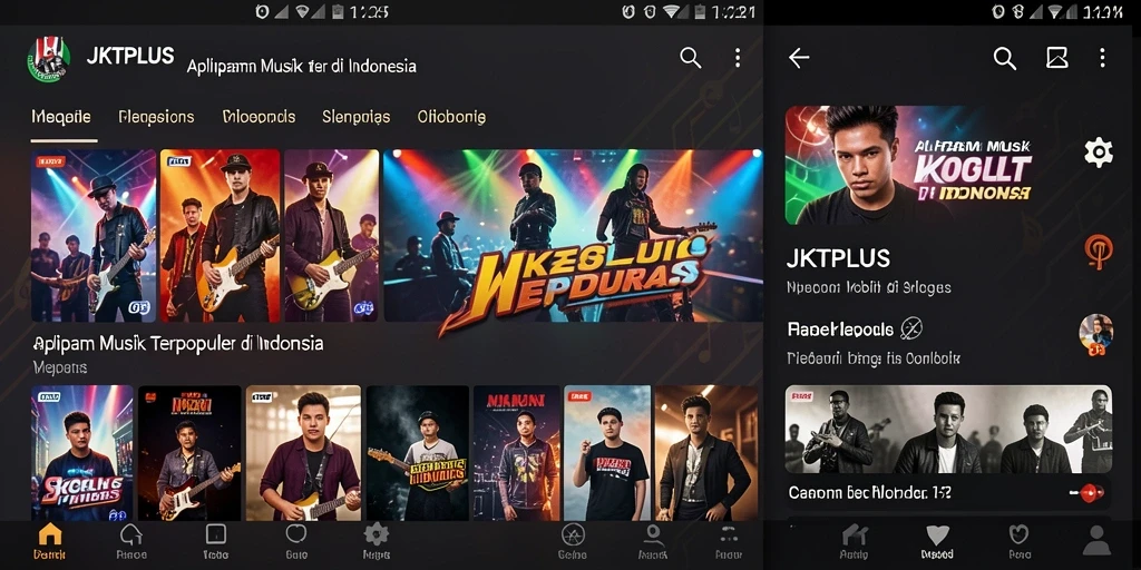 Screenshot JKTPLUS menampilkan antarmuka aplikasi dengan berbagai pilihan lagu.