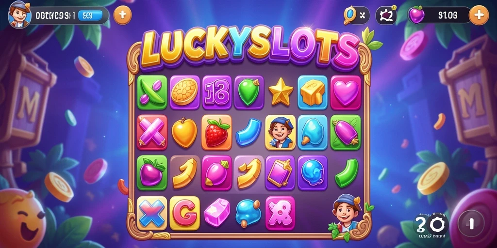 Tampilan gameplay LUCKYSLOTS yang penuh warna dan ceria.